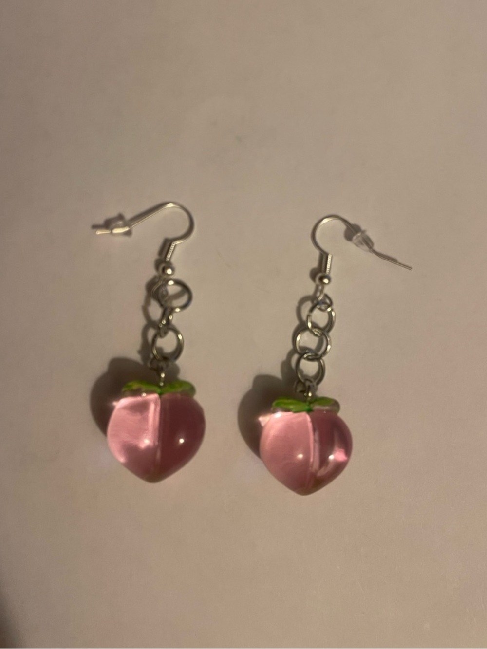 Pink Glass Peach Drop Earrings with Green Leaf Accent